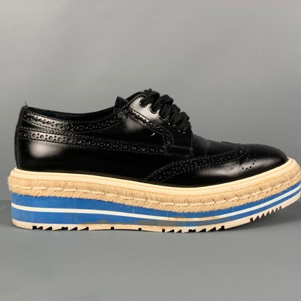 PRADA Size 6.5 Black White Blue Perforated Wingtip Shoes